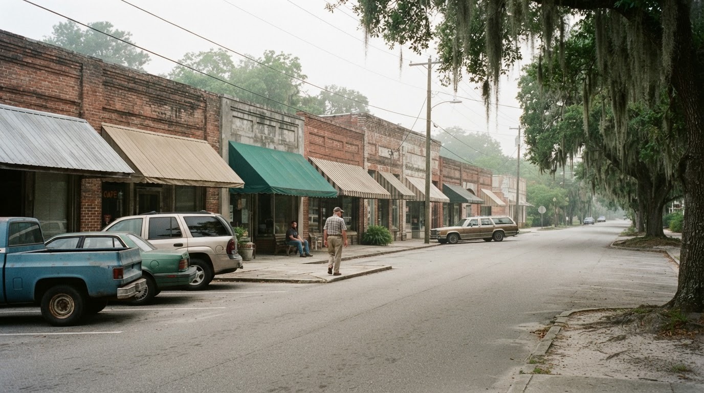 A small Southern downtown of low brick storefronts with awnings and angled parking