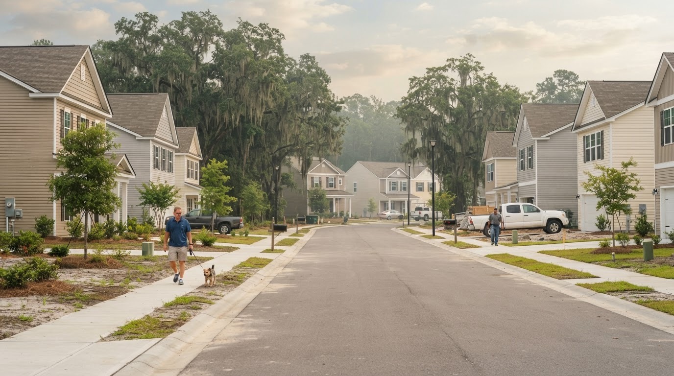 Newer vinyl-sided homes on modest lots in a South Carolina subdivision
