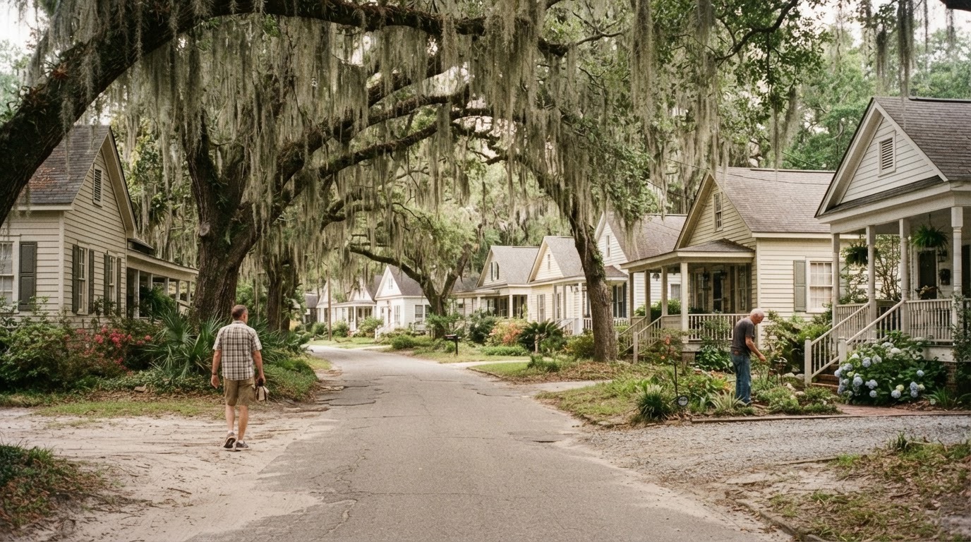 A residential street of one-storey Southern homes under live oaks draped with Spanish moss