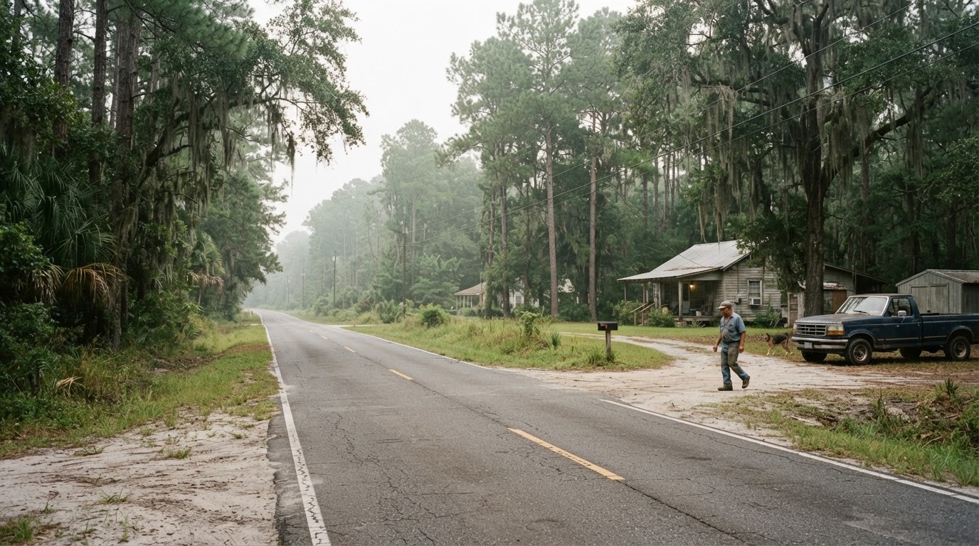 A two-lane road past scattered houses on large lots among pine flatwoods