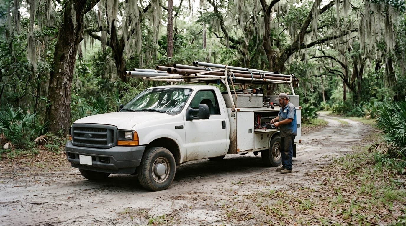 A white service pickup with a utility bed and pipe rack parked on a rural driveway under live oaks