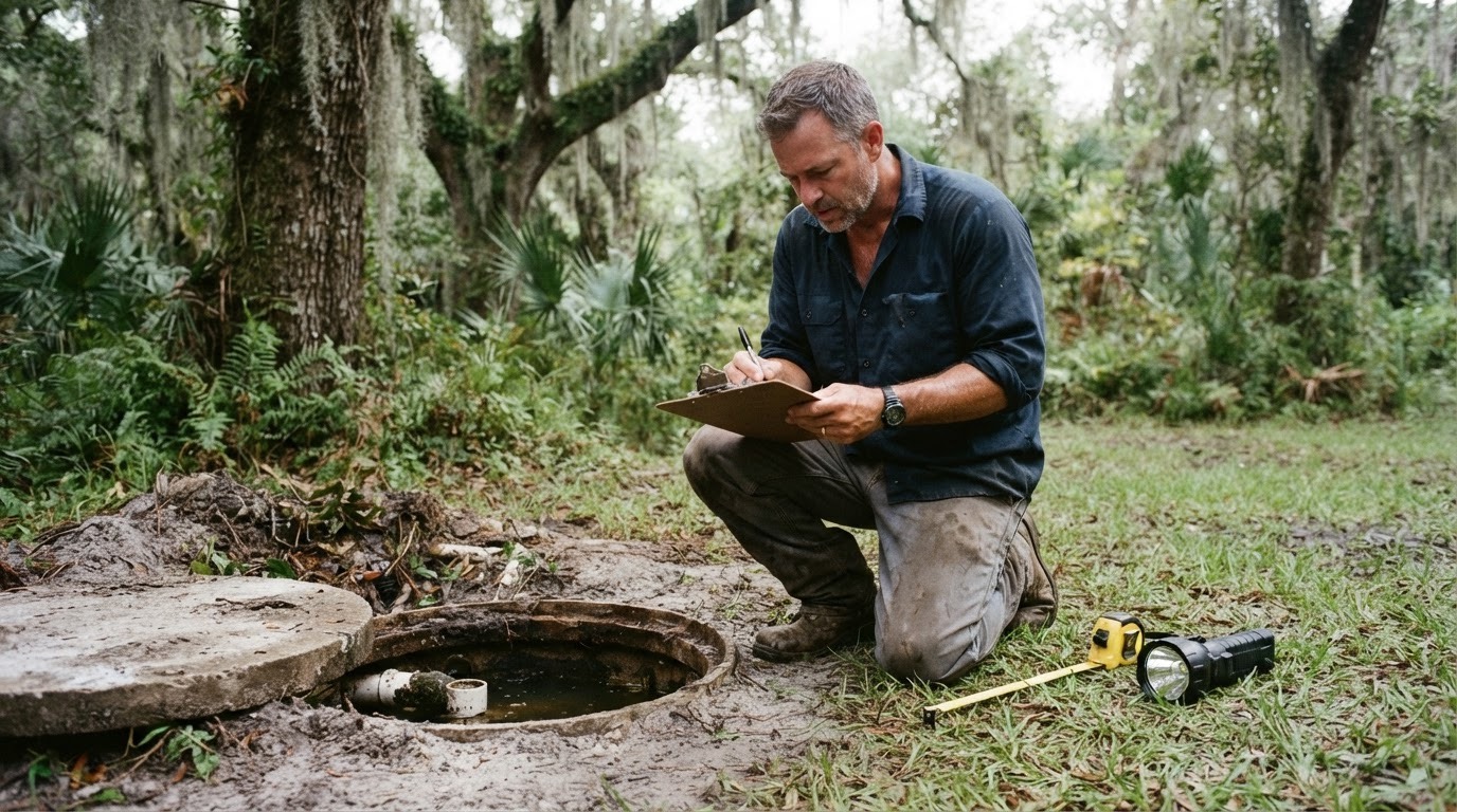 A man kneeling beside an open septic access lid writing on a clipboard with a measuring tape and flashlight
