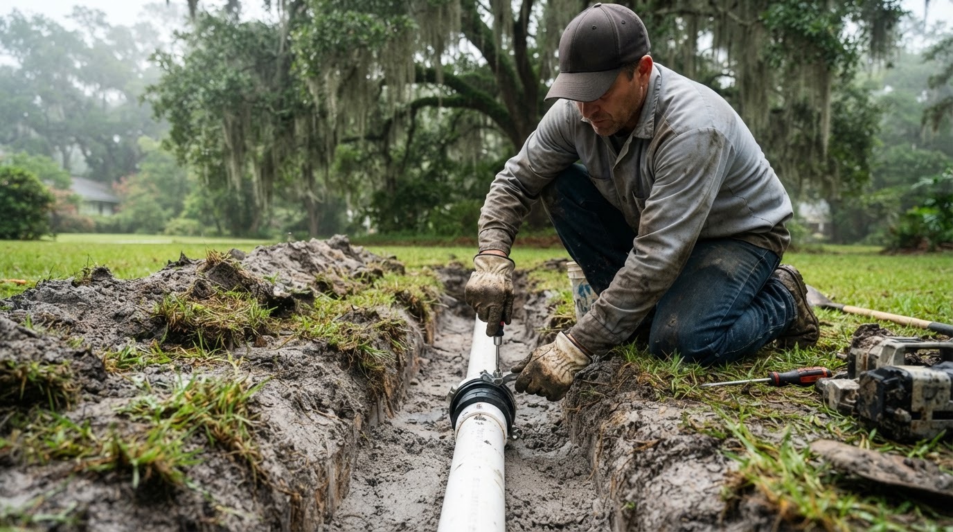 A narrow trench across a lawn exposing a white PVC sewer lateral pipe with a repair coupling