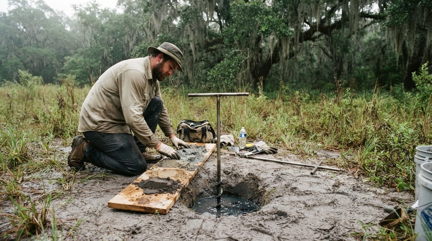 A hand auger soil boring with the soil layers laid out and water pooling at the bottom of the hole